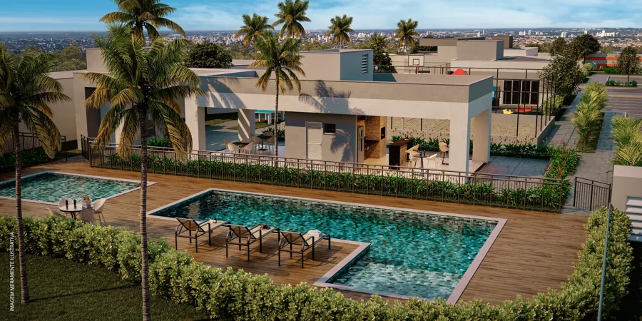 Vista aérea das piscinas adulto e infantil