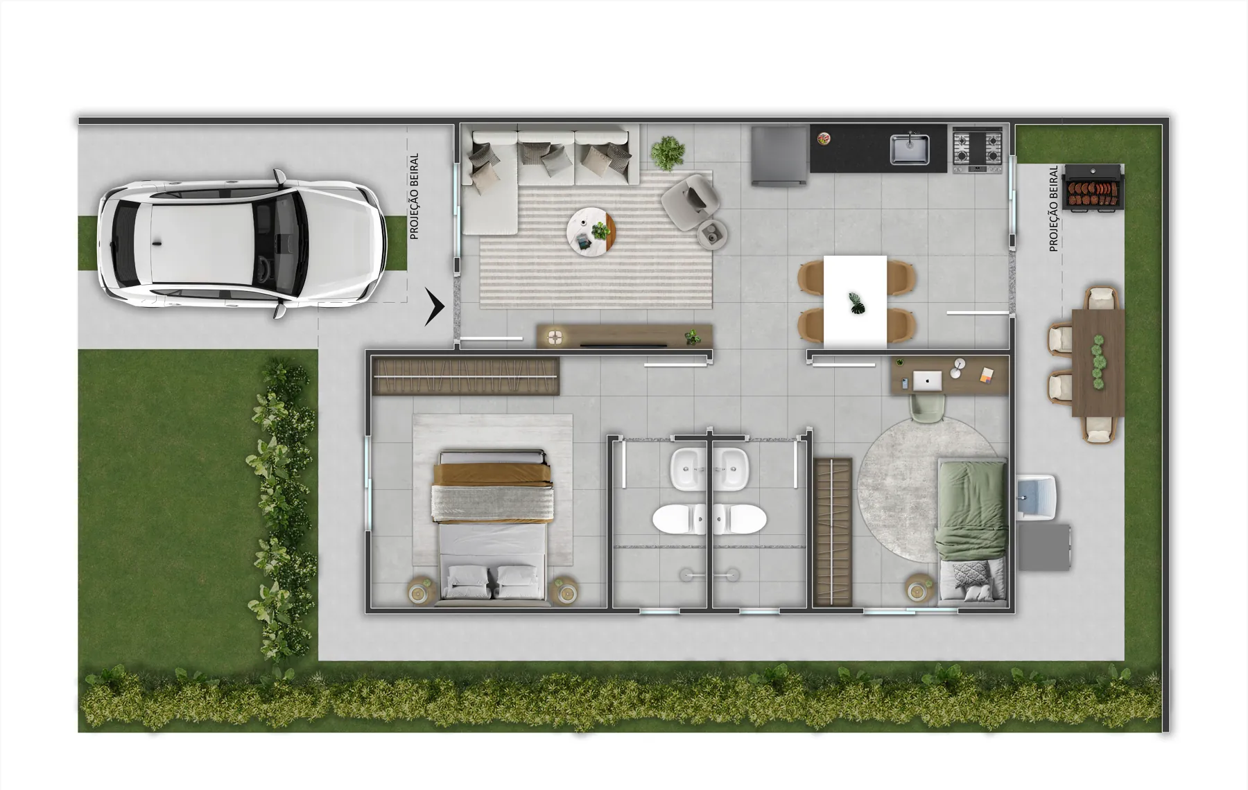 Planta humanizada da casa de 49,8 m² com 2 quartos